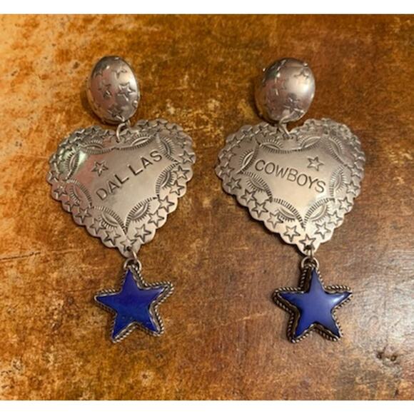 J Slifka Custom Sterling Silver and Lapis Dallas Cowboy Earrings Vintage - Picture 1 of 6